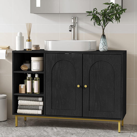 Hzuaneri Washbasin Unit, Bathroom Furniture, Under Cabinet, Extra Long, with Open Compartments and 2 Doors, Adjustable Shelf, Freestanding, For Bathroom, Black 30 x 90 x 63 cm BC09804G