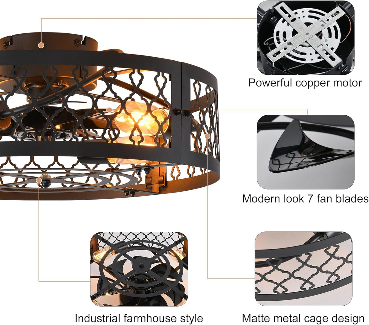 Ganeed Plafondventilatoren met Verlichting Industriële Stijl Boerderij Plafondventilator 50cm Metaal Kooiverlichting E27 Verzonken Montage met Afstandsbediening Zwart 4 Lichten