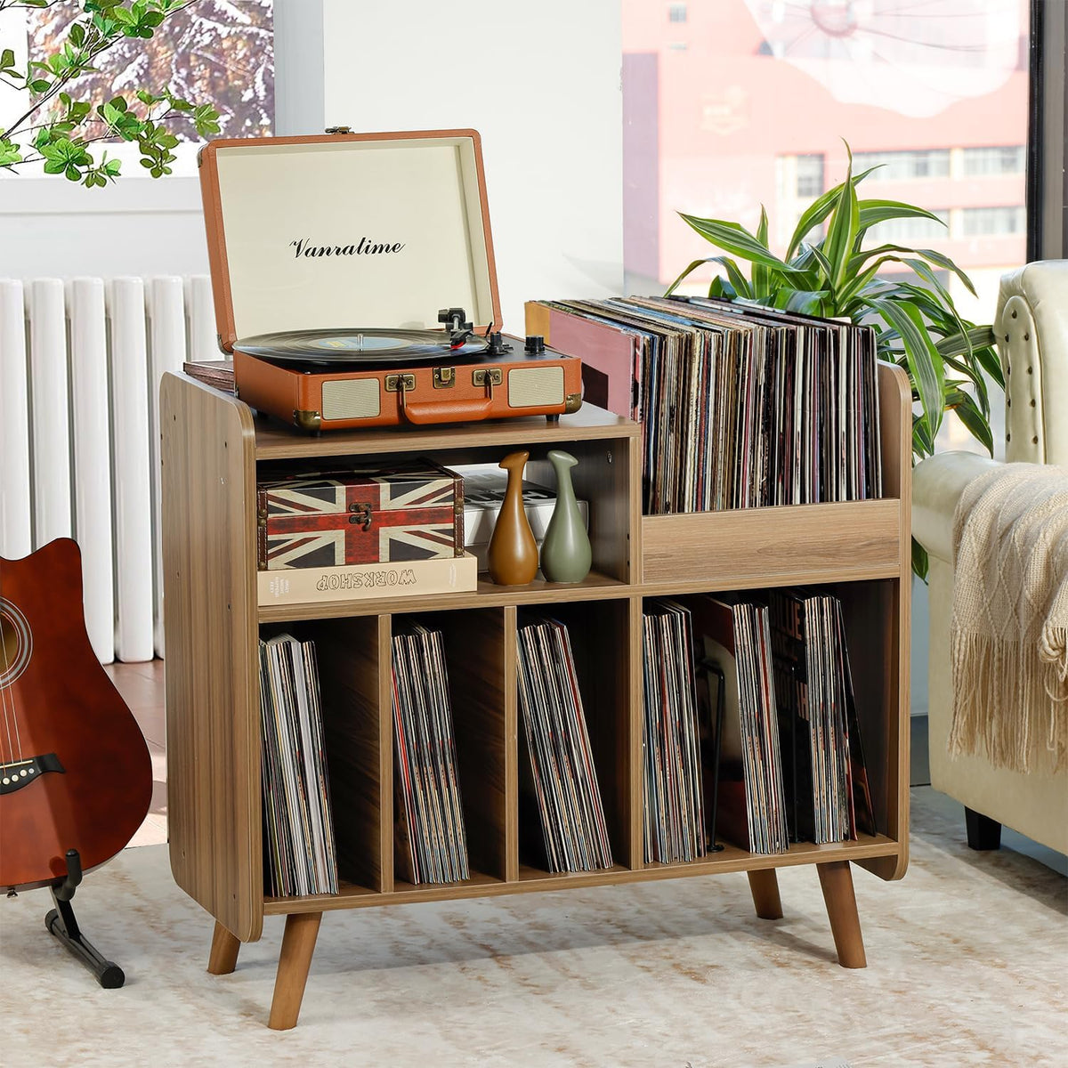 Record Player Stand, Large Turntable Cabinet with Open Vinyl Storage and Display Shelf for Up to 350 Albums, Mid-Century Wooden Turntable for Living Room, Bedroom