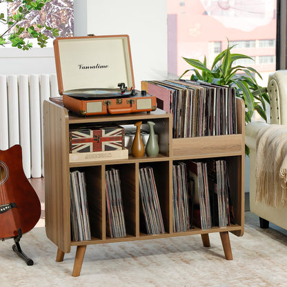 Record Player Stand, Large Turntable Cabinet with Open Vinyl Storage and Display Shelf for Up to 350 Albums, Mid-Century Wooden Turntable for Living Room, Bedroom