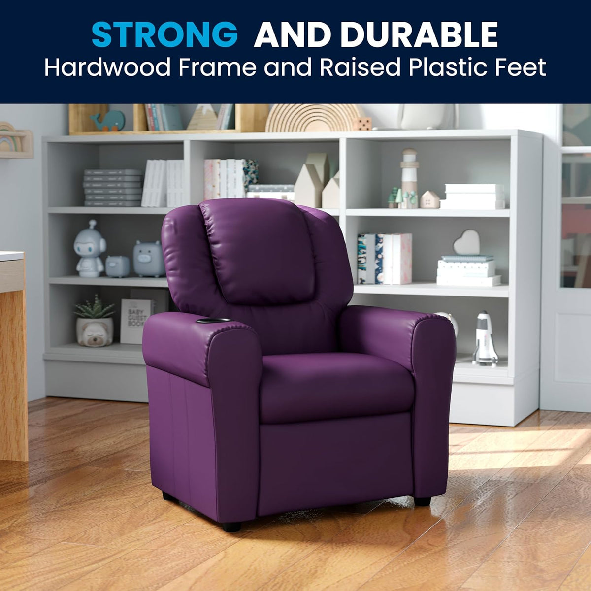 Flash Furniture Hedendaagse kinderfauteuil met bekerhouder en hoofdsteun, hout, paars Vinyl, 60,96 x 48,26 x 48,26 cm