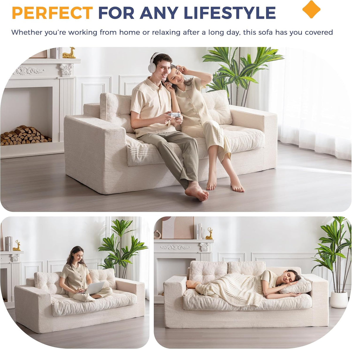 MAXYOYO 3-Zitsbank van Corduroy, Gestoffeerde Staande Fauteuil met Armleuningen, Loveseat zonder Been met Gecapitonneerd Kussen en Rugleuning, Grote Zitzak voor in de Slaapkamer en Woonkamer