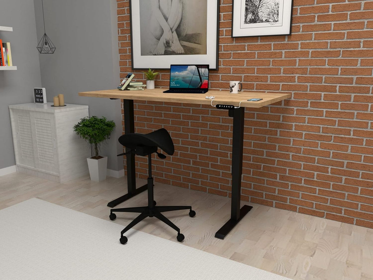 POKAR Height Adjustable Desk Height Adjustable Electric Office Table with Tabletop (Golden Craft Oak, 140 x 80) - QUORE