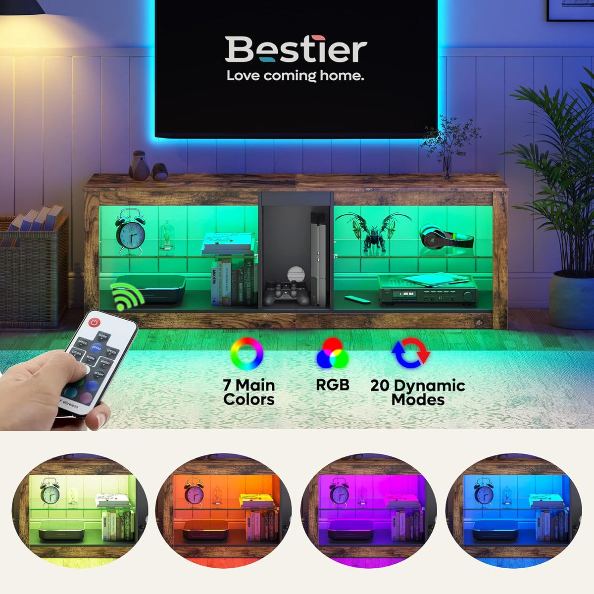 Bestier 140cm tv-standaard, tv-tafel voor tv's van 65 inch en kleiner met RGB LED-verlichting, 3 stopcontacten en 2 USB-oplaadpoorten
