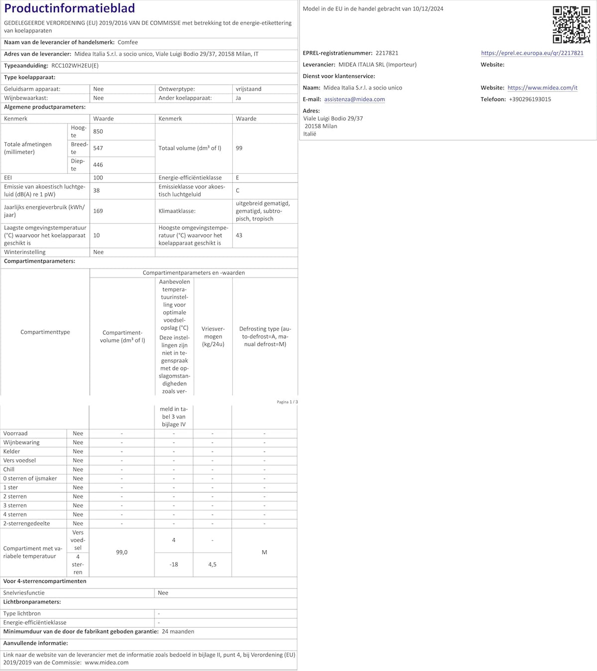 COMFEE RCC102WH2EU(E) Vrijstaande vrieskast, 99 l, om te zetten in vriezer, inverter, 4 sterren, geschikt voor de garage, wit [energieklasse E]