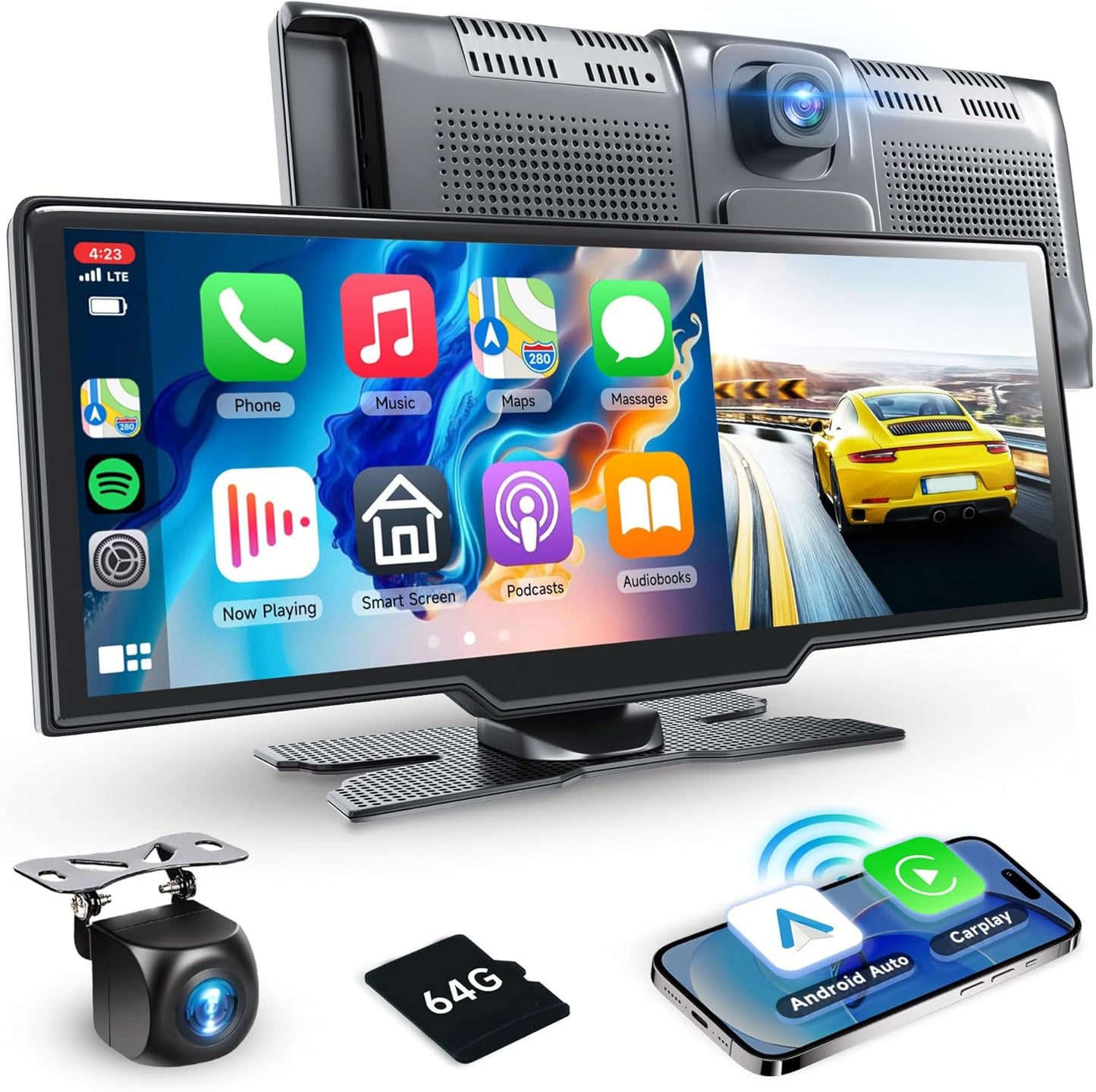 Podofo draagbaar draadloos carplay screen met 2K dashcam voor-en HD-achteruitrijcamera, 9,3-inch draadloos autospel Android Auto touchscreen-display met Bluetooth/GPS/Siri/FM/AUX/64G TF-kaart