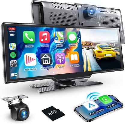 Podofo draagbaar draadloos carplay screen met 2K dashcam voor-en HD-achteruitrijcamera, 9,3-inch draadloos autospel Android Auto touchscreen-display met Bluetooth/GPS/Siri/FM/AUX/64G TF-kaart