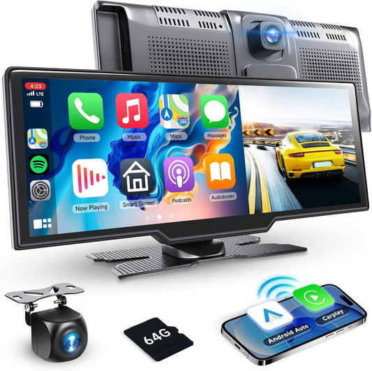 Podofo draagbaar draadloos carplay screen met 2K dashcam voor-en HD-achteruitrijcamera, 9,3-inch draadloos autospel Android Auto touchscreen-display met Bluetooth/GPS/Siri/FM/AUX/64G TF-kaart