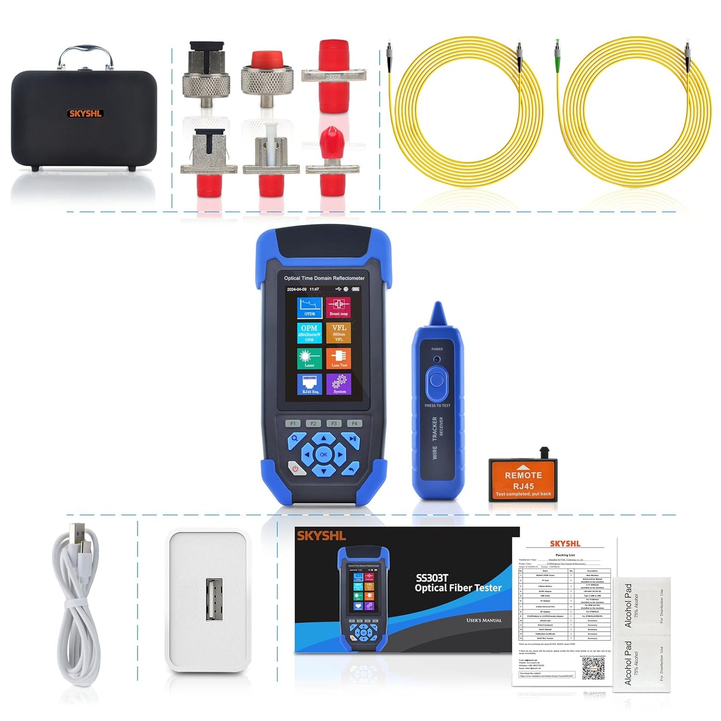 1310nm/24dB+1550nm/22dB Glasvezel OTDR met OPM+OLS+VFL+Evenementen Kaart+Verlies Test+RJ45-lijnsequencer+RJ45-kabeltracer SM Vezel Tester Compatibel met APC&UPC SC+FC+ST+LC-SS303T-2A1