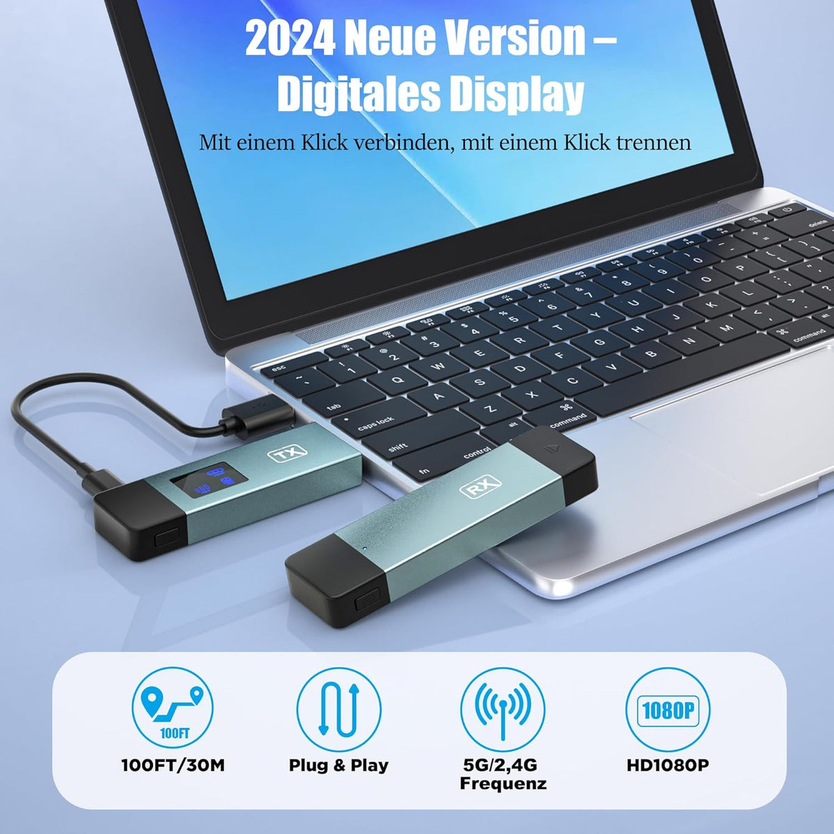 Draadloze HDMI-zender en ontvanger, 30 m stabiele verbinding, 2,4 G/5 G draagbare HDMI draadloos met led-scherm, plug & play voor streaming video, audio file van, laptop, pc naar HDTV, projector.