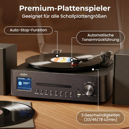 Reflexion Draaitafel met luidspreker en wifi, retro hifi-installatie met DAB+, internetradio, bluetooth, cd, USB-mp3-opname, kleurendisplay, wekker en slaaptimer, compleet systeem incl