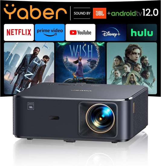 Beamer 4K met Android TV 12.0, Sound by JBL, Dolby audio, NFC, autofocus, automatische trapeziumcorrectie, WiFi6, Bluetooth, YABER K2s 1000 ANSI 1080p full HD-beamer, thuisbioscoop, outdoor, 300 inch