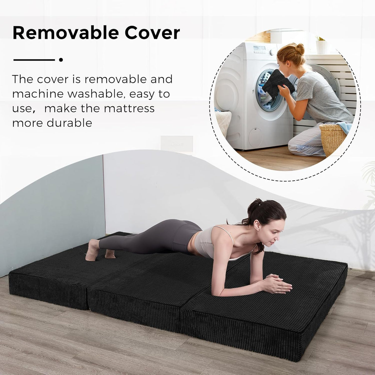 MAXYOYO Opvouwbare corduroy matras, drievoudig gevouwen vloermat, dik, met wasbare overtrek, ruimtebesparend voor gasten (zwart, 135 x 190 cm - 10 cm)