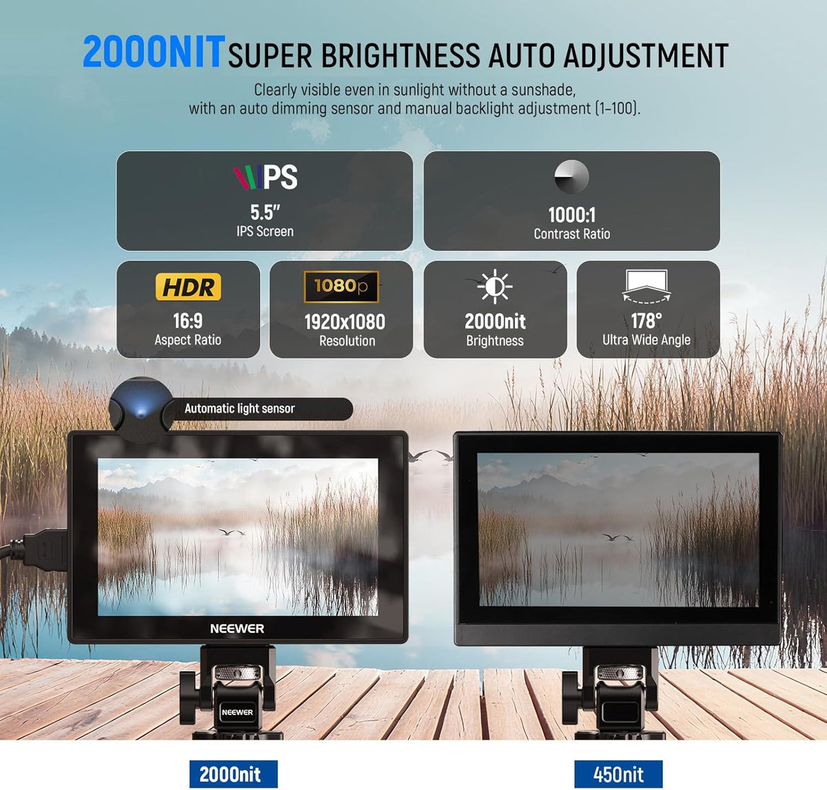 NEEWER 5,5 inch monitor camera, touchscreen IPS HD 1920x1080 1575nit, Loop in/out HDMI 4K met LUT 3D Peak Focus DSLR Video Assist HDR Waveform, batterij F750 5200mAh, DC7-24V/Type C 5V In, F500 PRO