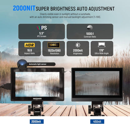 NEEWER 5,5 inch monitor camera, touchscreen IPS HD 1920x1080 1575nit, Loop in/out HDMI 4K met LUT 3D Peak Focus DSLR Video Assist HDR Waveform, batterij F750 5200mAh, DC7-24V/Type C 5V In, F500 PRO