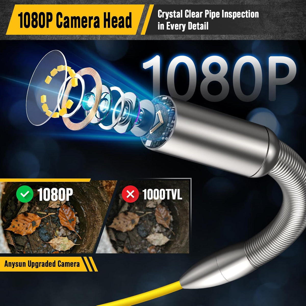 Anysun Inspectiecamera, zelfnivellerende endoscoop, 1080P, kabel met metermarkering, 9 inch IPS-scherm, DVR-recorder, waterdicht IP68, 23 mm, camera met 5100 mAh batterij (50 m)