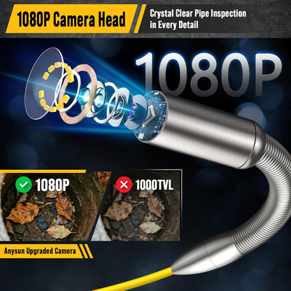 Anysun Inspectiecamera, zelfnivellerende endoscoop, 1080P, kabel met metermarkering, 9 inch IPS-scherm, DVR-recorder, waterdicht IP68, 23 mm, camera met 5100 mAh batterij (50 m)