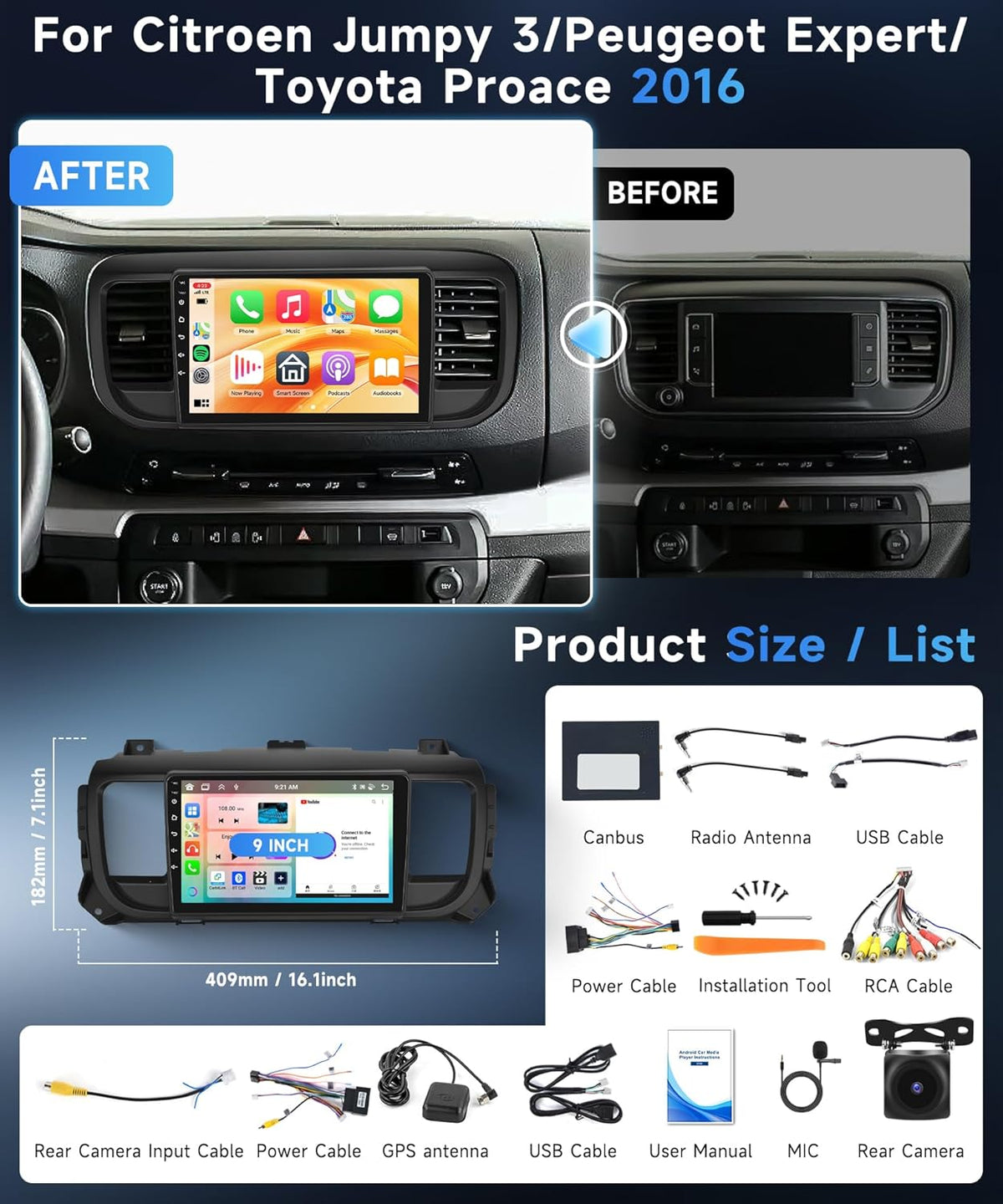 6G + 128G 8 Core autoradio Android voor Citroen Jumpy 3/Peugeot Expert/Toyota Proace 2016-2021 9 inch Carplay Wireless Android Auto FM/RDS/EQ/DSP WiFi GPS Mirror Link Bluetooth Camera