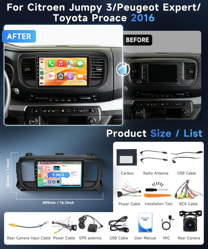6G + 128G 8 Core autoradio Android voor Citroen Jumpy 3/Peugeot Expert/Toyota Proace 2016-2021 9 inch Carplay Wireless Android Auto FM/RDS/EQ/DSP WiFi GPS Mirror Link Bluetooth Camera