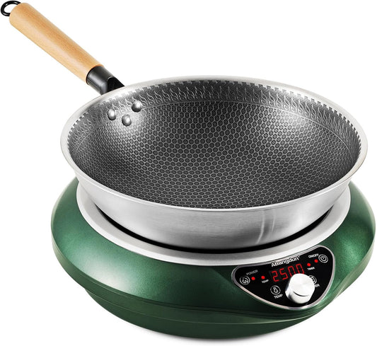 Wok Inductiekookplaat, 2500 W, met wok, 12 warmtestanden, inductie, temperatuurbereik 60-240 °C, led-display, 18-uurs timer, 190-275V - QUORE