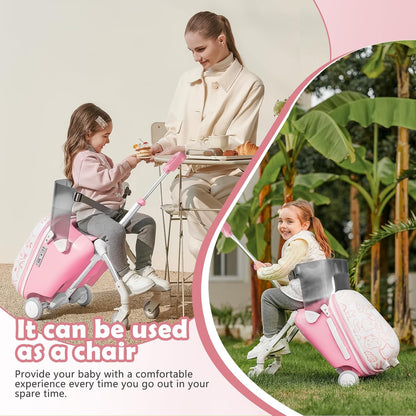 Ride-On koffer voor kinderen, 2-in-1 lichtgewicht reisbagage met 360 ° Spinner wielen, duurzame Carry-On trolley tas voor meisjes jongens - Max belasting 50KG (Graffiti-stijl roze en wit)