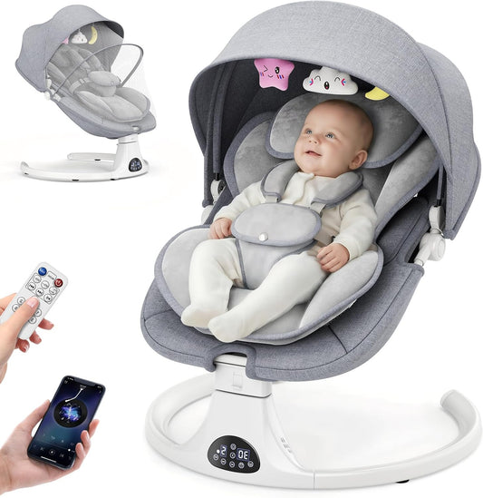 Babyschommel voor baby's tot peuter, elektrische pasgeboren schommel met 5-versnellingen, 3-zitplaatsen, 5-punts karabijnhaak, met Bluetooth-muziek, 10-vooraf ingestelde melodieën, binnen en buiten - QUORE