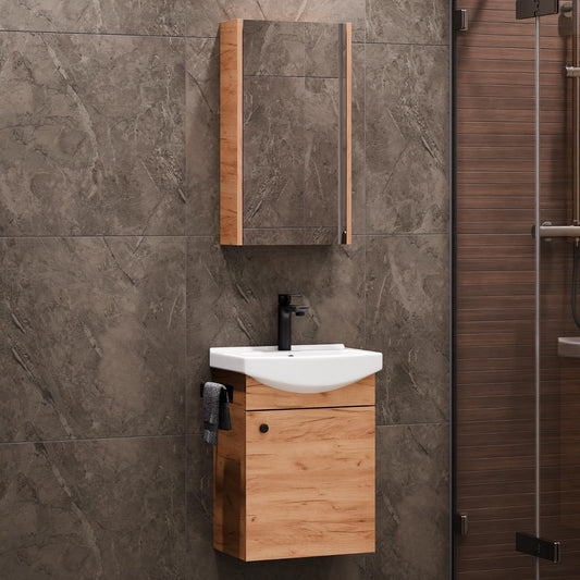 Planetmöbel bathroom cabinet set Washbasin with vanity unit 45 x 60 x 33 cm with mirror cabinet 40 cm for bathroom & guest toilet, gold oak - QUORE