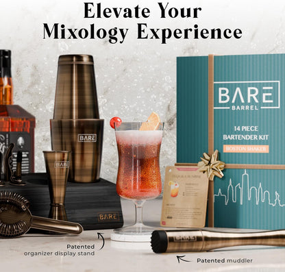 Cocktailset – Cocktail Shaker Set – Bartender Kit – Mixology Set – Barset – 14-Delige Set Met Bamboe Standaard – 800 Ml Boston Shaker In Messing/Zwart Met 35 Receptenkaarten