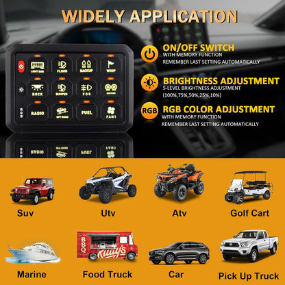 Chelhead 12v/24v 12 Gang Schakelaar Bedieningspaneel Universeel Circuit Control Relaissysteem Touch Schakelaar Doos RGB Aan-Off LED Panel IP65 Waterdicht Compatibel met Auto Truck RV ATV UTV SUV