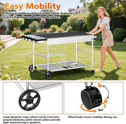 GFTIME 128 x 64 x 78 cm grillwagen serveerwagen voor Weber Q-serie, Ninja Woodfire, pizzaoven, tafelgrill, grilltafel met groot werkblad, outdoor serveerwagen tuin trolley