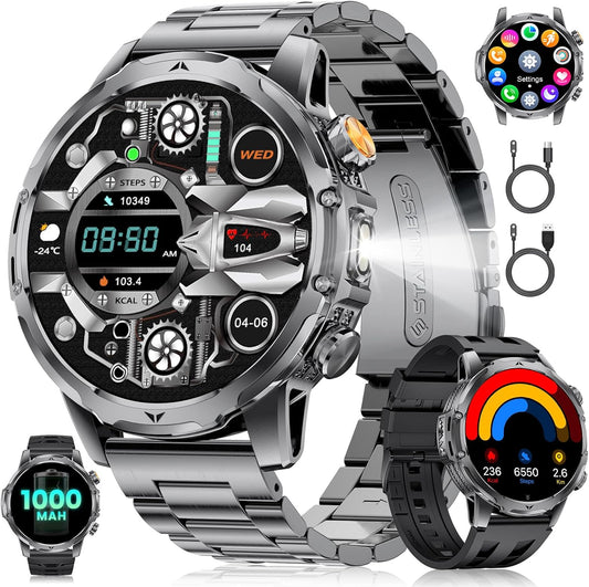 Smartwatch voor heren met oproepen/1000 mAh accu voor Android iOS, 1,53 inch HD groot touchscreen, militair smartwatch met 24 uur hartslag/110 sportmodi, IP68 waterdichte zaklamp, fitnesshorloge, 3