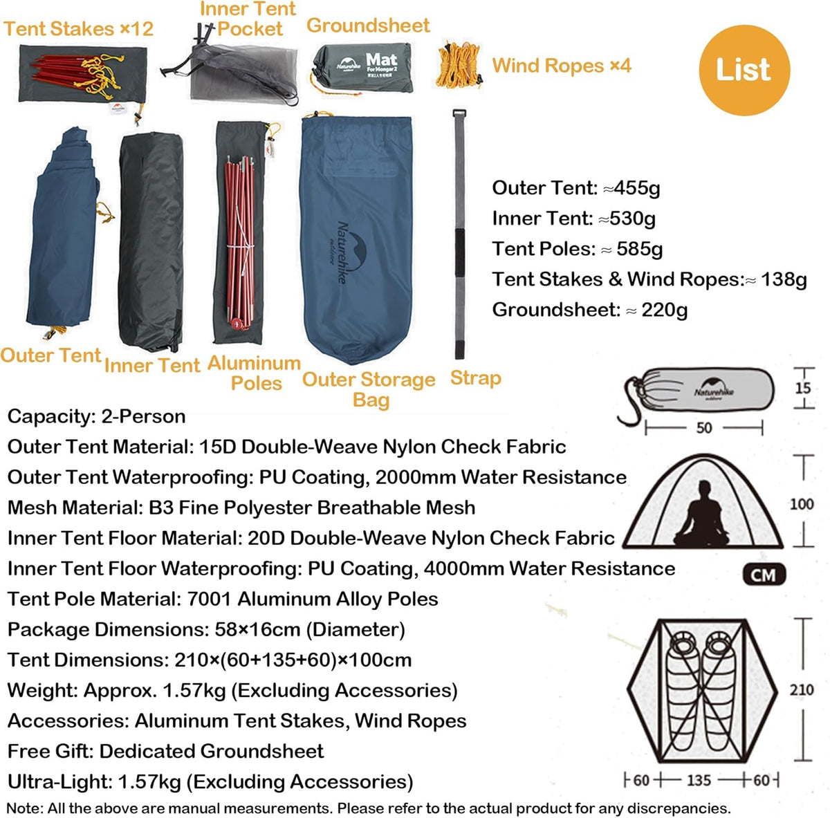 Naturehike Mongar Ultralichte tent, 1,57 kg, campingtent voor 2 personen, waterdicht PU2000+, winddicht, dubbellaagse rugzaktent voor wandelen, kamperen