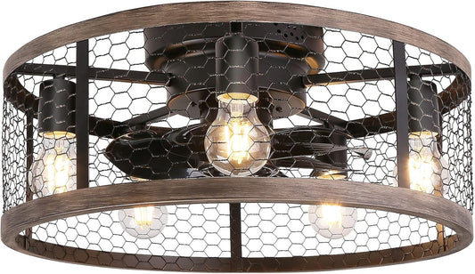 Ohniyou 20'' Flush Mount Caged Ceiling Fan with Lights Remote Control, Farmhouse Rustic Low Profile Small Vintage Enclosed Ceiling Fan Lighting Fixture Bedroom Dining Room