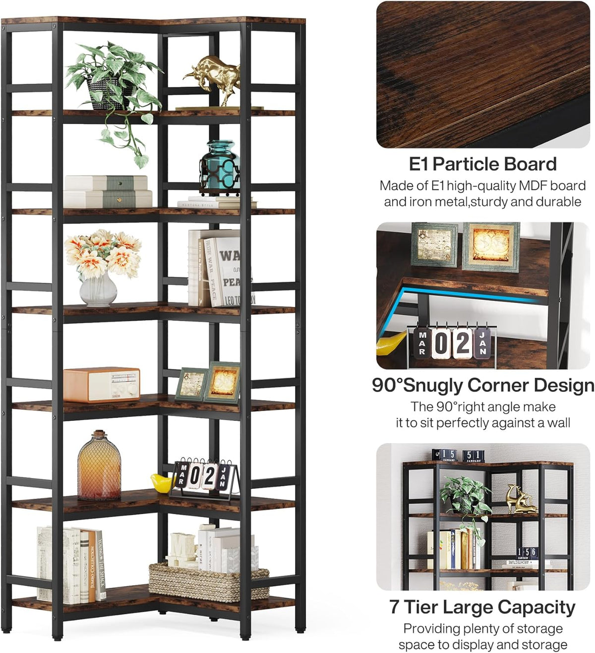 Tribesigns 78.7 inch High Angle Shelf, 7 Tier Industrial Corner Bookcase Storage Display Shelves for Living Room Home Office, Rustic Brown