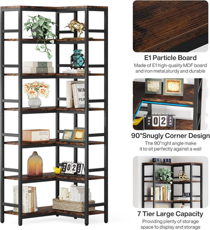 Tribesigns 78.7 inch High Angle Shelf, 7 Tier Industrial Corner Bookcase Storage Display Shelves for Living Room Home Office, Rustic Brown