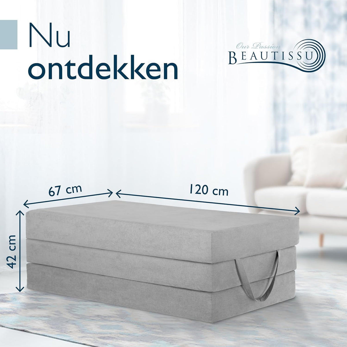 Beautissu Premium XXL Vouwmatras 120x200 cm inkl. Hoes Wasbar – Opvouwbaar Logeermartas Extra Dik 14 cm Traagschuim Matras H3 – Eenvoudig Transport & Hoog Slaapcomfort Opvouwbaar Gastenmatras – Grijs