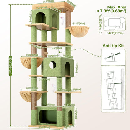 Globlazer Cat Tree Cactus Green Large, Scratching Post XXL High 204cm with 3 Cat House, 2 Large Platform, 2 Baskets Soft, Stable Cat Tower Luxury for 3-5 Large Cats Rest Playing (F80F, Green) - QUORE