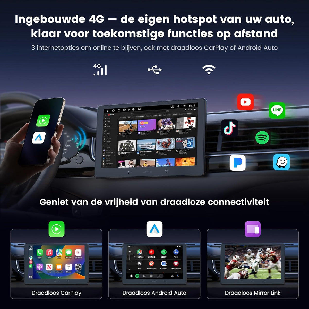 ATOTOZONE A7 Android Double Din Autoradio, 9" 4+64GB Octa‑Core, Draadloze CarPlay & Android Auto, Wi‑Fi/USB/BT, SCVC & LRV, Hi‑Fi  DSP met 4 V Pre‑Outs, AI Chat & GPS‑Tracking