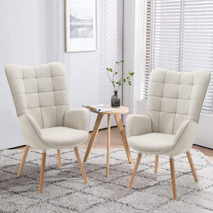 MEUBLE COSY Leunstoelen, scandinavische vrijetijds leunstoel, met stoffen bekleding, gewatteerde armleuningen en massief houten poten, voor woonkamer, slaapkamer, kantoor, vanity, beige, 66x53x106cm