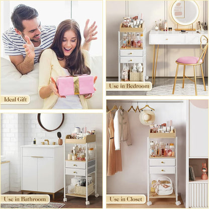 Bikoney Make-up-organizer met laden en wielen - staande wagen voor huidverzorging, parfum, nagellak, haargereedschap, grote cosmetische opbergunit voor slaapkamer of badkamer