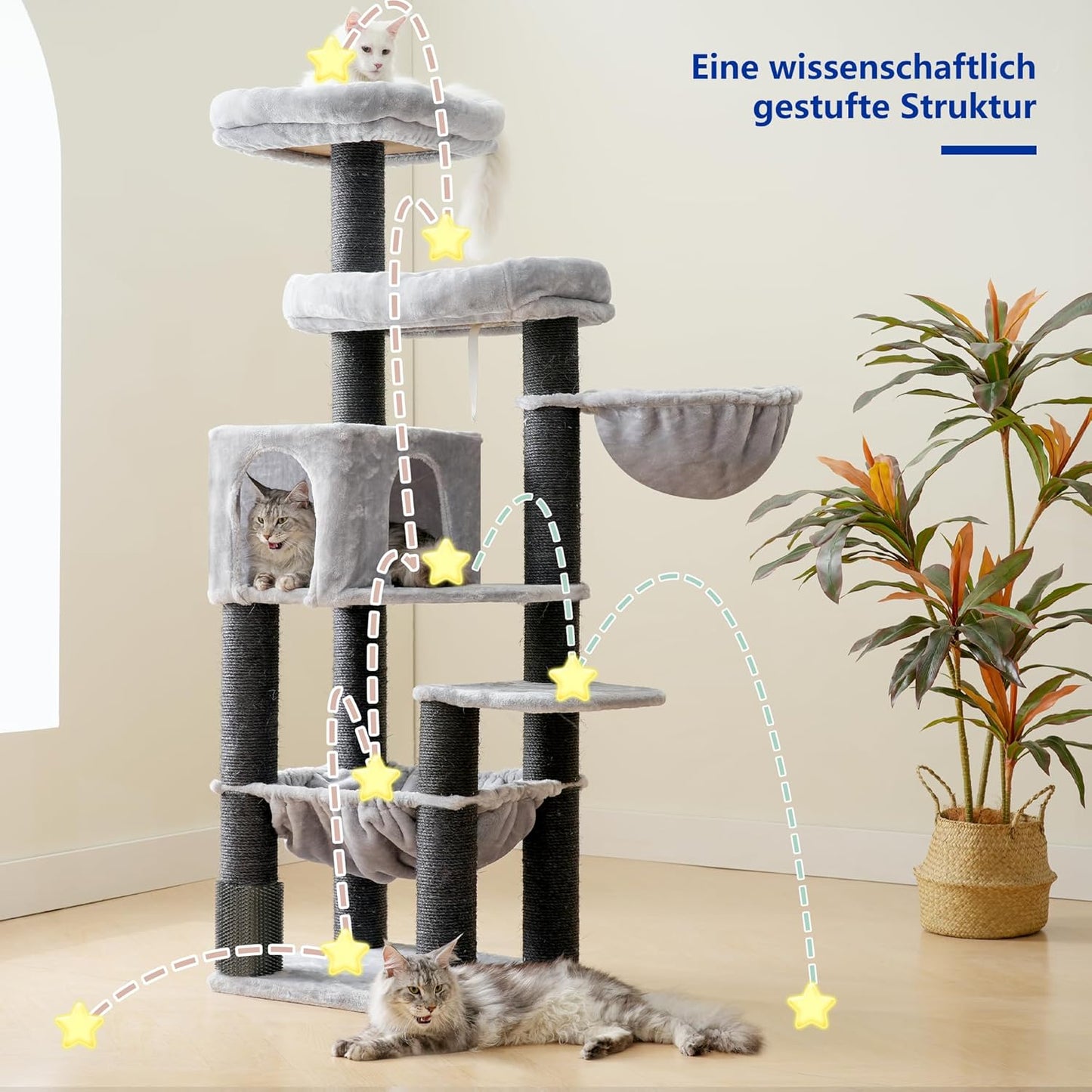 Hey-brother XXL Large Cat Tree for Maine Coon, 168 cm Cat Tree for Large Cats with Extra Large Hammock, Sisal Palissen (φ11 cm) and Climbing Rope, 2 Platforms, Hollow Basket, Light Grey EMPJ01W - QUORE