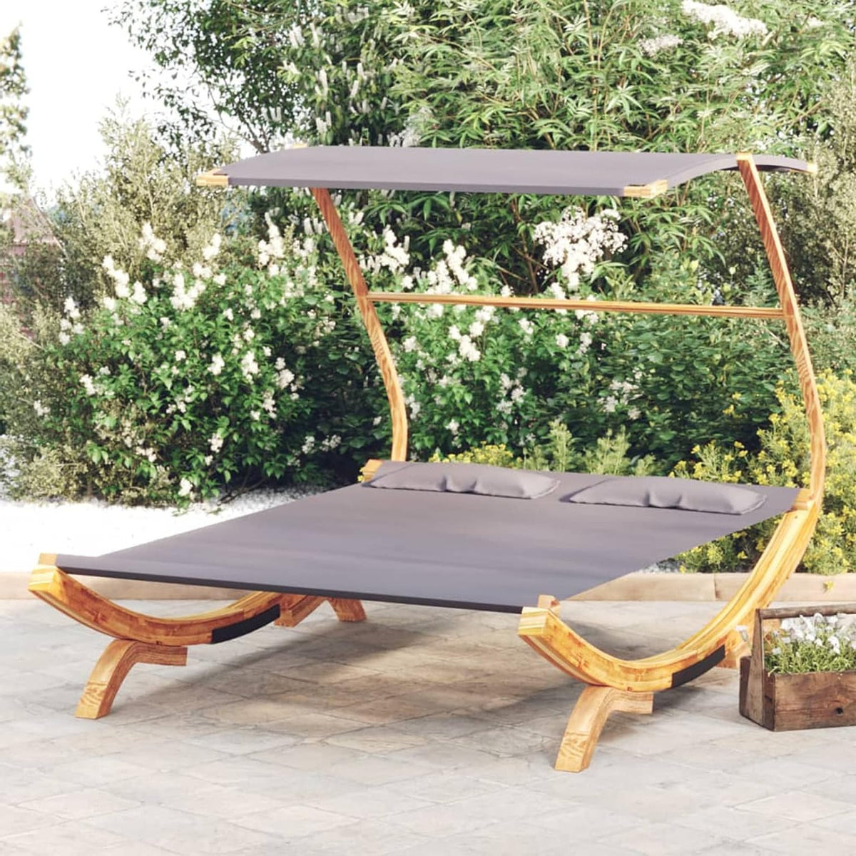 Tidyard Babybed met dak, antraciet, outdoor babybed, tuinligstoelen, ontspanning, zonnebed met dak, zonnebed met dak, 165 x 203 x 138 cm, gebogen hout - QUORE