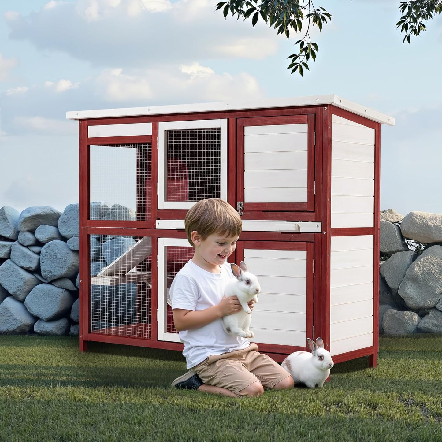 Konijnenhok met twee verdiepingen en trap - uitneembare vloer - van hout - rood-wit