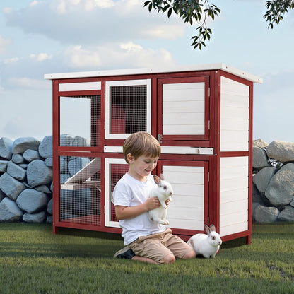 Konijnenhok met twee verdiepingen en trap - uitneembare vloer - van hout - rood-wit