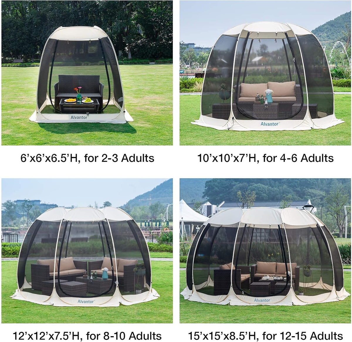 Alvantor Scherm Huis Kamperen Tent Outdoor Luifel Pop Up Zonnescherm Onderdak 8 Mesh Muren Niet Waterdicht Beige 366 x 366 cm patent aangevraagd