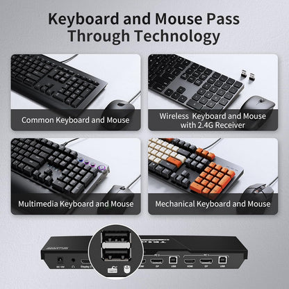 TESmart 4K@60Hz DisplayPort HDMI KVM Switch 2 PC 2 Monitoren, KVM-schakelaar met EDID, audio, 3x USB voor scanner, printer, Toetsenbord Muis, sneltoets, met invoerkabel, IR-afstandsbediening