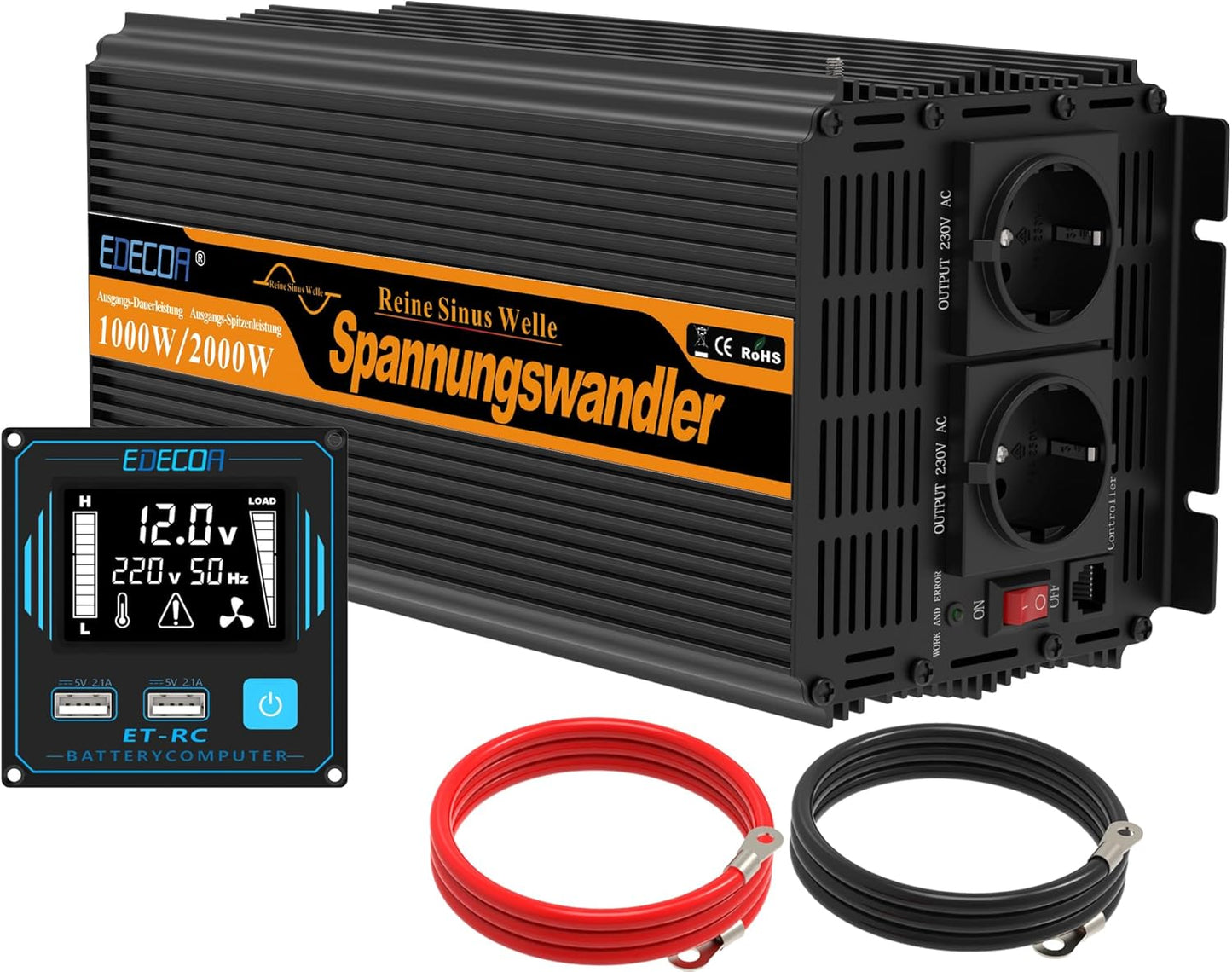 Omvormer 12V Naar 230V – Inverter – Spanningsomvormer – Spanningsconverter – Sinusomvormer – Zuivere Sinus – 1000W Continu Vermogen – 2000W Piekvermogen Met LCD Afstandsbediening