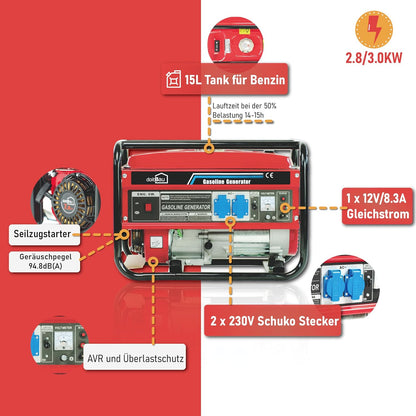Petrol generator, power generator 3000 W BS3500 & YFG3500, emergency generator with AVR and overload protection, 4-stroke 6.5-7 hp, traction starter, 1 x 400 V/3 x 230 V/1 x 12 V sockets - QUORE