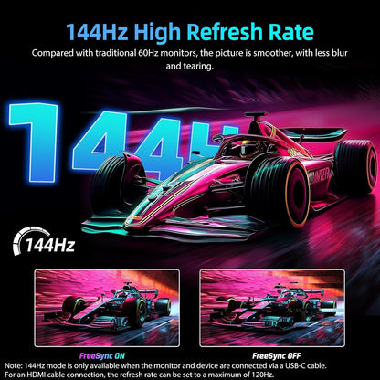 UPERFECT Portable Monitor 17.3 Inch 144Hz with 1920x1080 Full HD Eye Care IPS Mat Screen Integrated Bracket Mini HDMI 2 USB C for PC Laptop PS4/5 Switch Xbo, Mobile Display VESA Compatible - QUORE