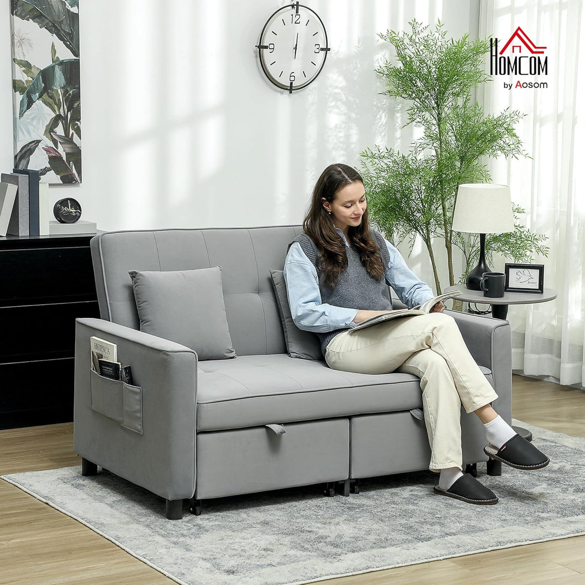 HOMCOM Schlafsofa, 2-Sitzer Sofa mit Schlaffunktion, Verstellbare Rückenlehne, Couch mit Kissen, Samtoptik, L-förmig Schlafcouch mit Bettkasten Rollen für Wohnzimmer, Gästezimmer, Grau - QUORE